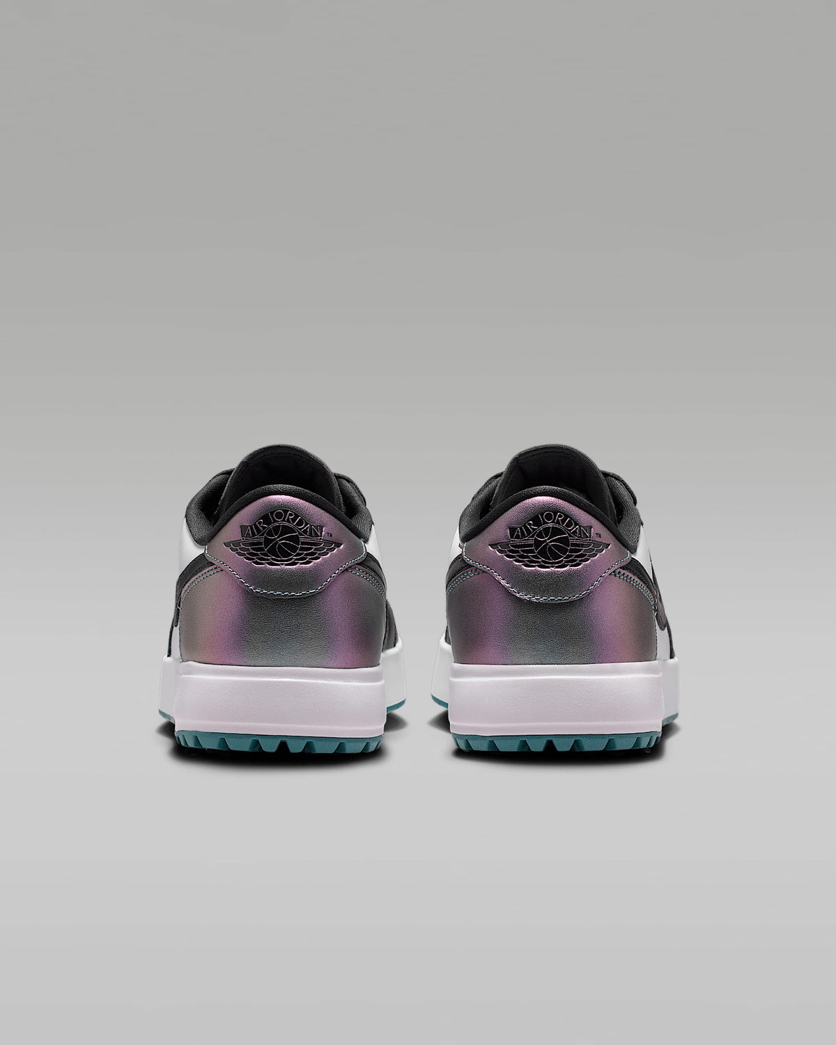 Air Jordan 1 Low G Golf White Black and Iridescent Teal Sneakers