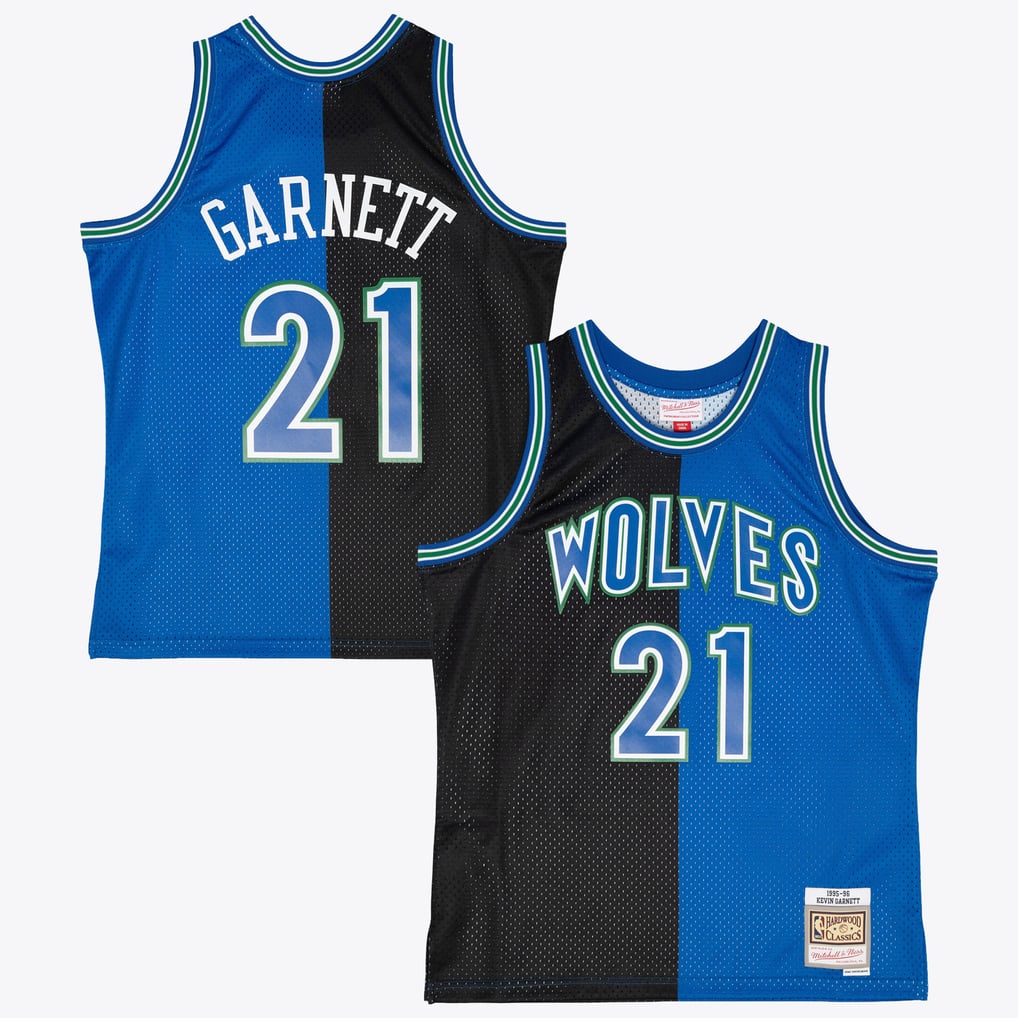 Mitchell & Ness Minnesota Timberwolves Kevin Garnett #21 Hardwood Classics 1995-96 Split Swingman Jersey – Black & Blue
