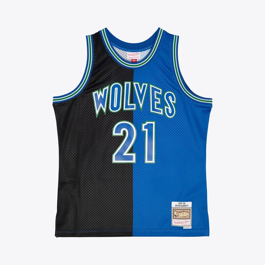 Mitchell & Ness Minnesota Timberwolves Kevin Garnett #21 Hardwood Classics 1995-96 Split Swingman Jersey – Black & Blue